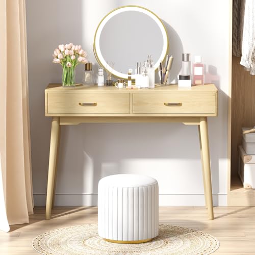 FUNKOCO Small Wood Desk with Drawers - 40 Inch Home Office Study Writing Desk for Bedroom Vanity Desk with 4 Solid Legs Modern Computer Desk for Small Spaces