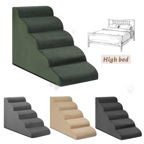 Image of Aodisman Dog Stairs for High Bed,5-Step Pet Ramp for Small Dogs and Cats | 22.2 inch H Dog Steps for Bed with High-Density Foam, Help Olders,Short-Legged Dogs,Puppy and Cats Get on Beds Easily,Grey,Green