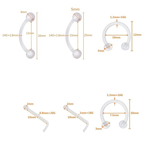 Oasis Plus 22pcs 14G 16G 18G 20G Clear Flexible Bioplast Retainer Navel Belly Ring Eyebrow Tongue Nipple Barbell Nose Lip Labret Stud4