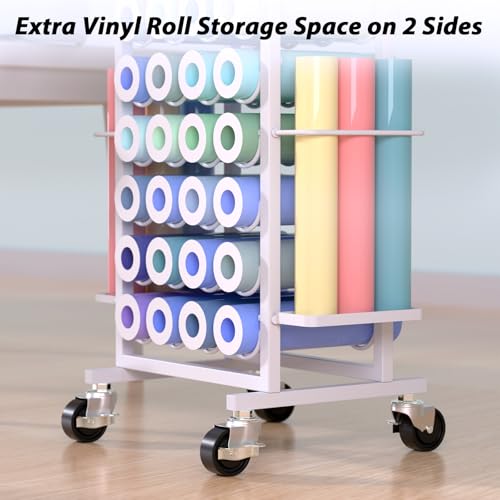 Mobile Vinyl Roll Holder Cart - 40 Compartments Vinyl Storage Organizer with 6 Hooks & Extra Paper Roll Organizer Tray on 2 Side, Cricut Vinyl Storage Rack Gifts Wrapping Paper Holder for Craft Room - Image 5