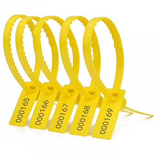 WUBAO - Guarnizione di sicurezza in plastica regolabile in lunghezza con sigillo anti-manomissione, fascette numerate per estintori doganali, logistici, bagagli, 100 pezzi, colore: giallo