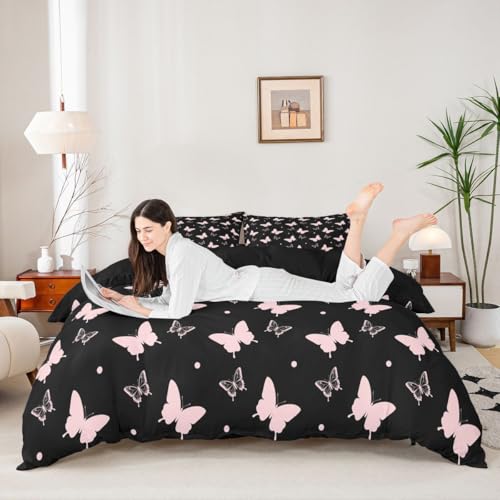 Housse de couette papillon en motifs géométriques contrastés rose noir - 4
