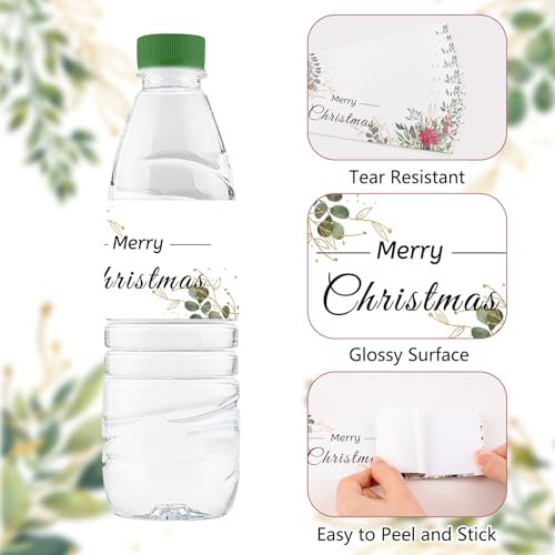 URROMA 50Pcs Merry Christmas Water Bottle Labels Red Christmas Flower Water Bottle Stickers Waterproof Drinks Wrappers for Christmas Party Favors Decor - Image 3
