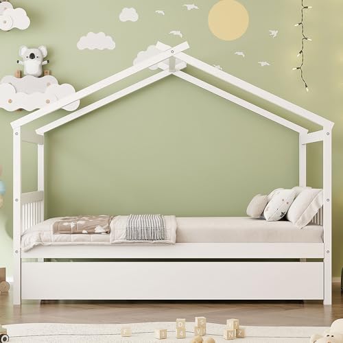 Image of Twin Size Creativity House Bed with Roof Frame and Twin Size Trundle, Montessori Wooden Platform Bed with Sturdy Slats Support for Kids Teens Girls Boys, No Box Spring Needed (White-02, Twin)