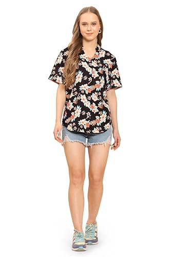 Image of Womens Casual Shirt Soft Beach Shirts Floral Tropic Print V Neck T-Shirt Short Sleeve Button Up Tops