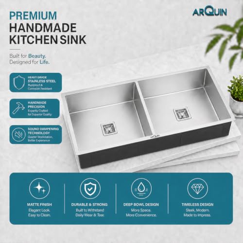 Image of ARQUIN Kitchen Sink 45x20x10 Inch Handmade Double Bowl Matt Finish Kitchen Sink Premium Heavy Grade Stainless Steel Kitchen Sinks | Sink For Kitchen Basin Square Drainer and Adjustable Fruit Basket