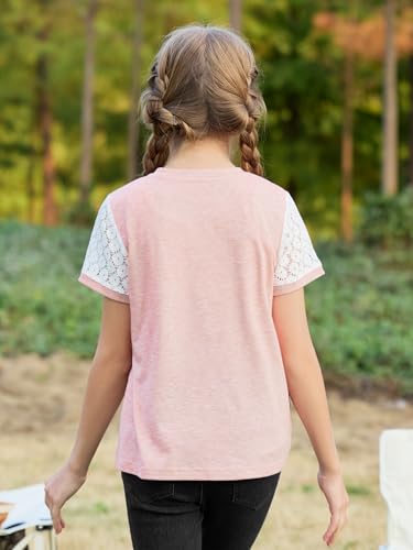 Image of GORLYA Girls Lace Sheer Sleeve Contrast T-Shirt Short Sleeve V Neck Casual Modest Tee Tops for 6-16Y