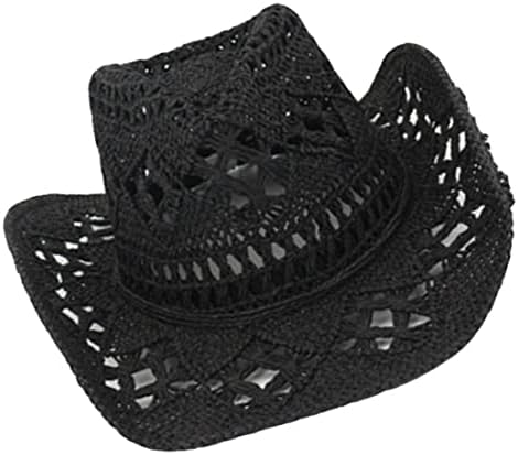 Ruluti Unisex Summer Outdoor Hollow Western Cowboy Hats Hand Woven Straw Hat Breathable Beach Jazz Cap Hats Black, 57cm