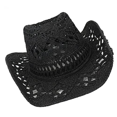 Ruluti Unisex Summer Outdoor Hollow Western Cowboy Hats Hand Woven Straw Hat Breathable Beach Jazz Cap Hats Black, 57cm