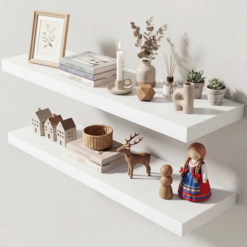 Image of Dreamland 36 Inches Floating Shelves for Wall, 9.3 inch Deep Long Floating Shelves Set of 2, Large Display & Storage Shelf, Wall Shelf for Bathroom Bedroom Living Room Kitchen Office, White