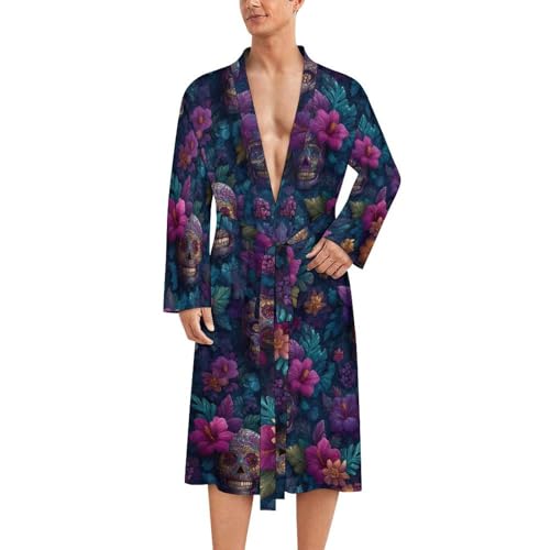 Peignoir de bain léger homme violet imprimé floral tête de mort chic