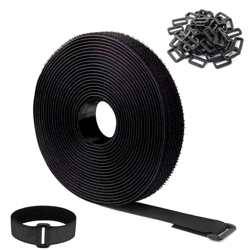 JIHXYER Fascette in velcro, 10 m x 2 cm, autoadesive, chiusura in velcro con 50 fibbie, per organizzare linee dati, cavi e altri oggetti, colore nero