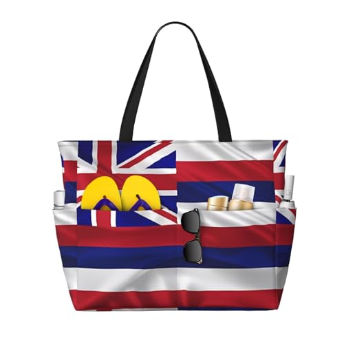 Flag of Hawaii American Large capacity beach bag with zipper, perfect for grocery bag pool gym travel shopping foldable beach travel bag,