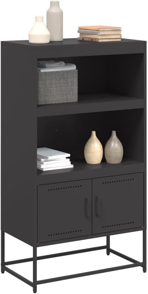 Highboard Black Steel 27.0x15.2x48.6 in Rectangular Storage Cabinet with Metal Shelves, Modern Matte Black Finish for Living Room Bedroom, Industrial Design Durable Build