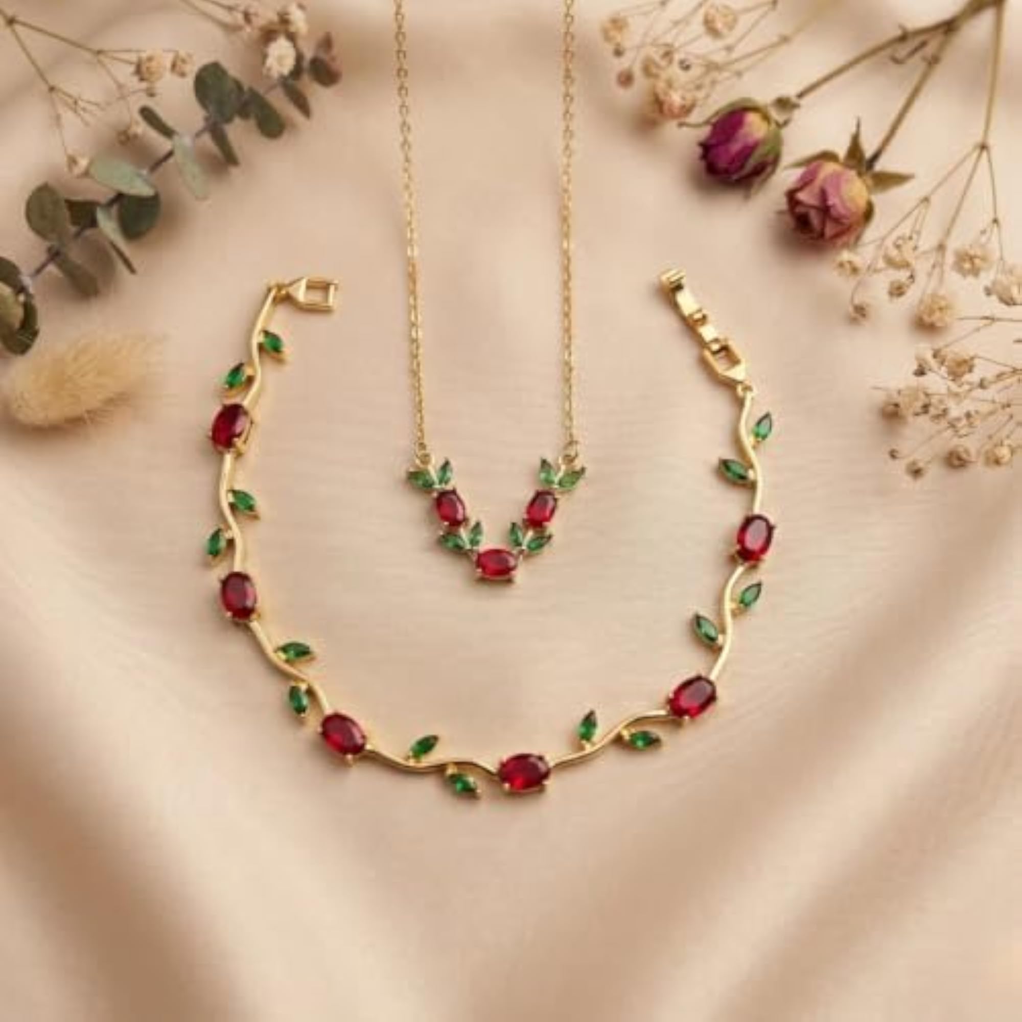 Ruby Red Tulip Bloom Jewellery Combo Set