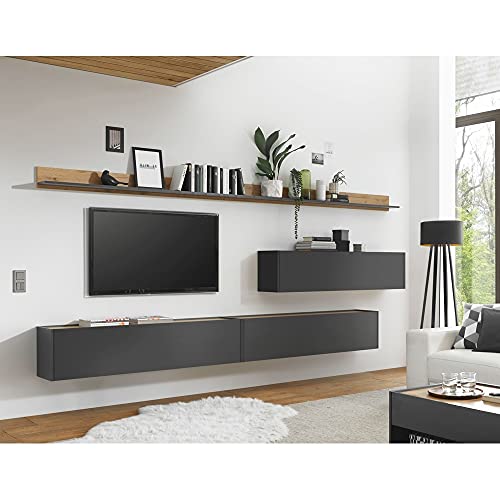 Lomadox Hängende TV Wohnwand in anthrazit mit Absetzungen in Wotan Eiche Nb., B/H/T: ca. 340/180/30 cm