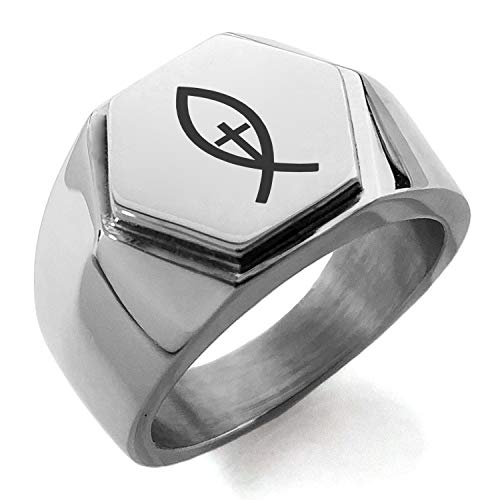 Stainless Steel Vertical Ichthus Cross Fish Hexagon Crest Flat Top Biker Style Polished Ring