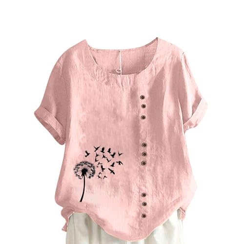 Blusa de lino para mujer, vintage, estampado de diente de león, tops de manga corta, cuello redondo, verano, camiseta de muselina, blusa con botón decorativo, talla grande, tallas grandes, tallas M a
