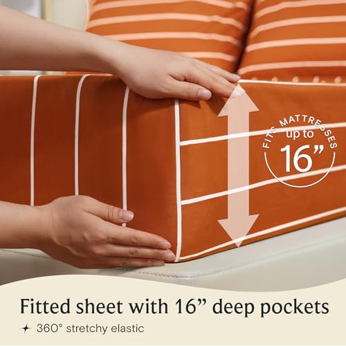 Image of LuxClub 4 PC Sheet Set Bed Sheets Deep Pockets 16 inch Wrinkle Free Cooling Machine Washable Hotel Bedding Silky Soft - Striped-Autumn Orange Full