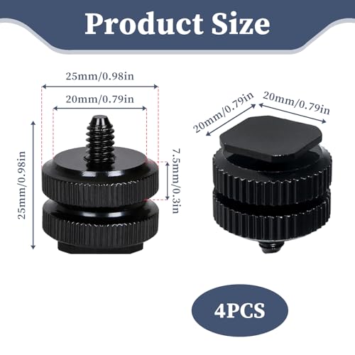 4 Pcs Camera Hot Shoe Mount to 1/4"-20 Tripod Screw Adapter, Metal Flash Cold Shoe Mount, Dual Hot Shoe Adapter Holder Conversion Screw for DSLR Camera Rig Compatible with Microphone LED Light Monitor