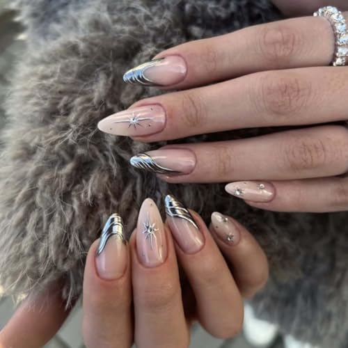 Silver Press on Nails Almond Fake Nails Medium Length False Nails Press ons with Star Lines Design Reusable Artificial Nail Full Cover Glossy Glue on Nail Stick on Nails for Women Manicure 24 Pcs