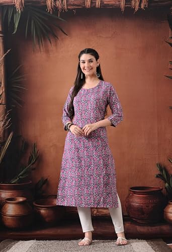 Image of Ichaa Women's Pure Cotton A-Line Katha-Work Ethnic Round-Neck Kurta with 3 /4th Sleeve for Daily and Office Wear, in Plus Sizes
