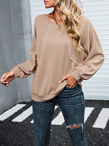 Cupshe Women's Casual Round Neck Blouse Long Sleeves Autumn Shirts Comfy Tops With Relaxed Fit, Tan L #TOP5