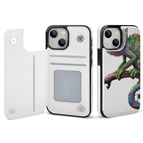 HKMNLEW Chameleon Listen Music Print Flip Phone Wallet Case iPhone 13�p�APU���U�[���C�ϏՌ��g�ѓd�b�P�[�X�J�o�[ �J�[�h�z���_�[�t��