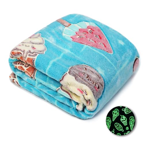 Image of OHOIT Glow in The Dark Ice Cream Blanket Blue Throw Blanket Food Blanket Unique Birthday Gifts for Girls Teens Kids Funny Blankets for Couch Sofa Bed