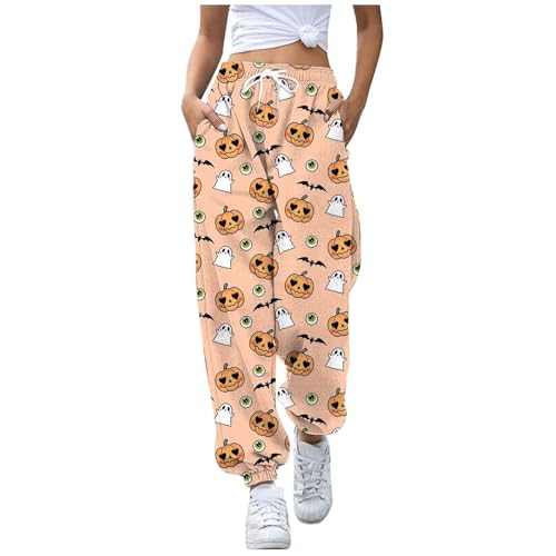 Sporthosen Damen Lang Halloween Druck Jogginghose Elastischer Bund Freizeithosen mit Kordelzug Hohe Taille Traininghose Bequeme Sweathose mit Pocket Beam Feet Trainingsshirt Fitnesshose