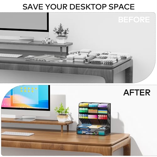 APH02 Multi-Functional Pen Pencil Holder, Desk Organizer with Drawer, Office & Art Supplies Storage，Large Size (Black) image 8