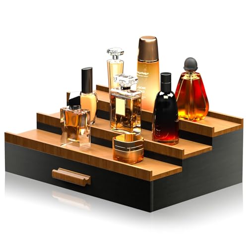 Wooden Cologne Organizer 3-Tier Display Stand With Drawer Storage for Men Dresser Perfume Organizer Great Gift Black Walnut