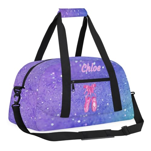 Custom Sports Ballet Dance Bag, Personalized Gym Cheerleaders Duffel Bag Travel Weekender Tote Carry-On Swimming Bag, Pink Ballet Shoes, Purple Glitters Bling3