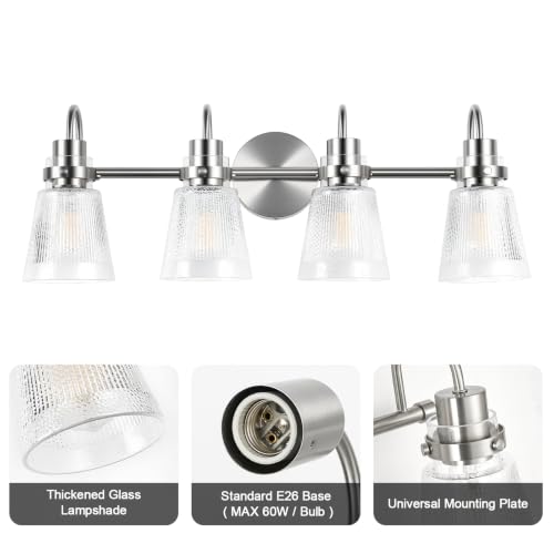 Image of 4-Light Bathroom Light Fixtures 25.7 Inch Brushed Nickel Vanity Lights for Bathroom Lighting Fixtures Over Mirror with Clear Striped Glass Shade for Mirror Bedroom Hallway