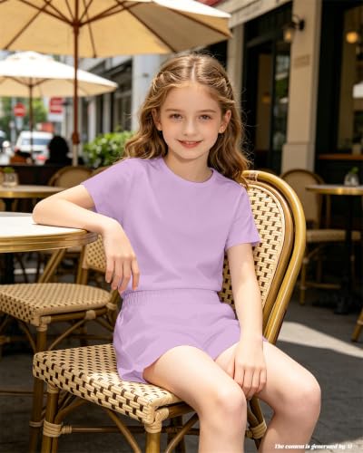 Image of Bestuline Girls Summer 2 Piece Outfits,Basic Short Sleeve Top & Shorts Set with Side Pockets,4-14Y