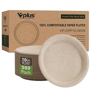 Vplus 500 Pack Compostable Disposable Paper Plates 10.25 inch Super Strong Paper Plates 100% Bagasse Natural Biodegradable Eco-Friendly Sugarcane Plates(nature)