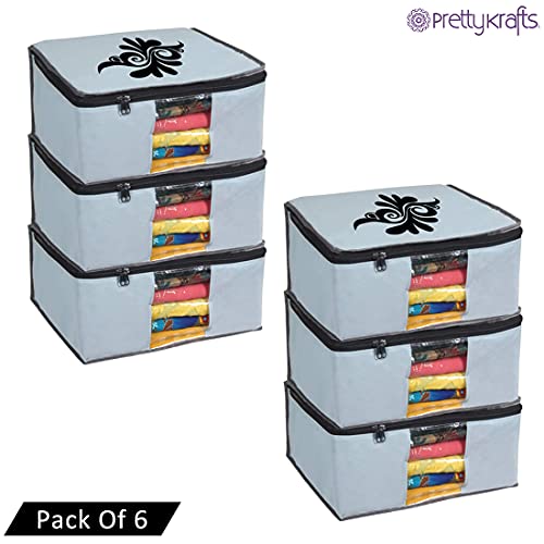 Image of PrettyKrafts Large Saree Cover With Creative Prints, Wardrobe Organiser, Clothes Cover & Storage, Zip Closure and Transparent Window | Clothes Storage Bag | Set of 6, Grey | Size: 40 x 35 x 20 cm