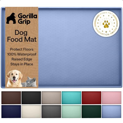 Image of GORILLA GRIP 100% Waterproof Raised Edge BPA Free Silicone Pet Feeding Mat, Dog Cat Food Mats Contain Spills Protects Floors, Placemats for Cats and Dogs Water Bowl, Pets Accessories 16x10, Blue