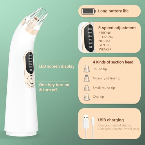Hqynss Blackhead Remover Vacuum, 5 Suction Power Mode & 4 Replaceable Heads, USB Rechargeable Pore Cleaner Tool for Face - Blackhead Whitehead Comedone Extractor - Image 6