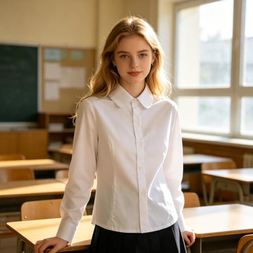 Image of Girls' Long Sleeve Peter Pan Collar Shirt Girls School Uniform Shirts