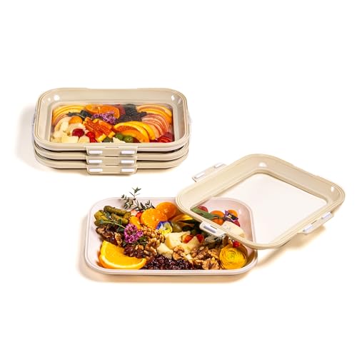 Crudités Paquete de 4 bandejas portátiles para aperitivos, recipientes de alimentos con tapa elástica reversible, sin BPA, reutilizable, apta para congelador y lavavajillas, ideal para preparación de