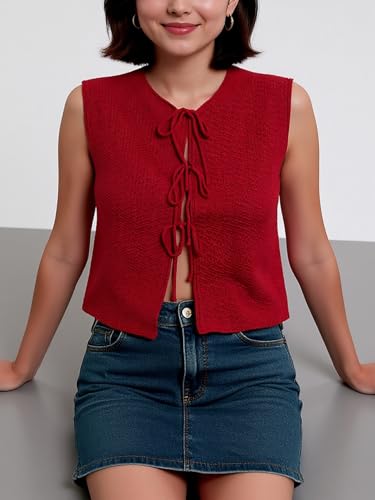 Women's Lace Up Knit Vest Cropped Open Front Light Sleeveless Cardigan Sweater Solid Tops2