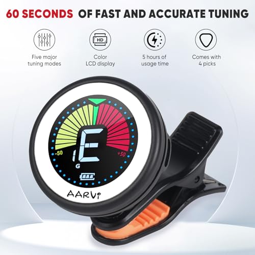 Image of Clip on guitar tuner rechargeable, for all instruments, acoustic /electric guitar, ukulele, bass, violin, Banjo, color LCD, semitone tuner, 4 Pack Guitar Picks Included