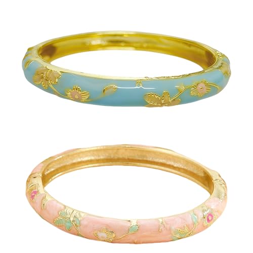BlingNook Cloisonne Bracelet For Women Chunky Bangle Trendy Cute Flower Enamel Bangles Multi Tone Engraved Cuff Gold Plated Bracelets Stackable Wife Jewelry Friendship Gift (Blue&Pink Set One Size)