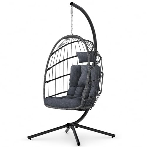 SWITTE Outdoor Hanging Egg Chair with Stand, Indoor Wicker Egg Shaped Swing Chair with Cushion, 370lbs Capacity Comfy Patio Hammock Chairs for Porch Lawn Bedroom, Grey