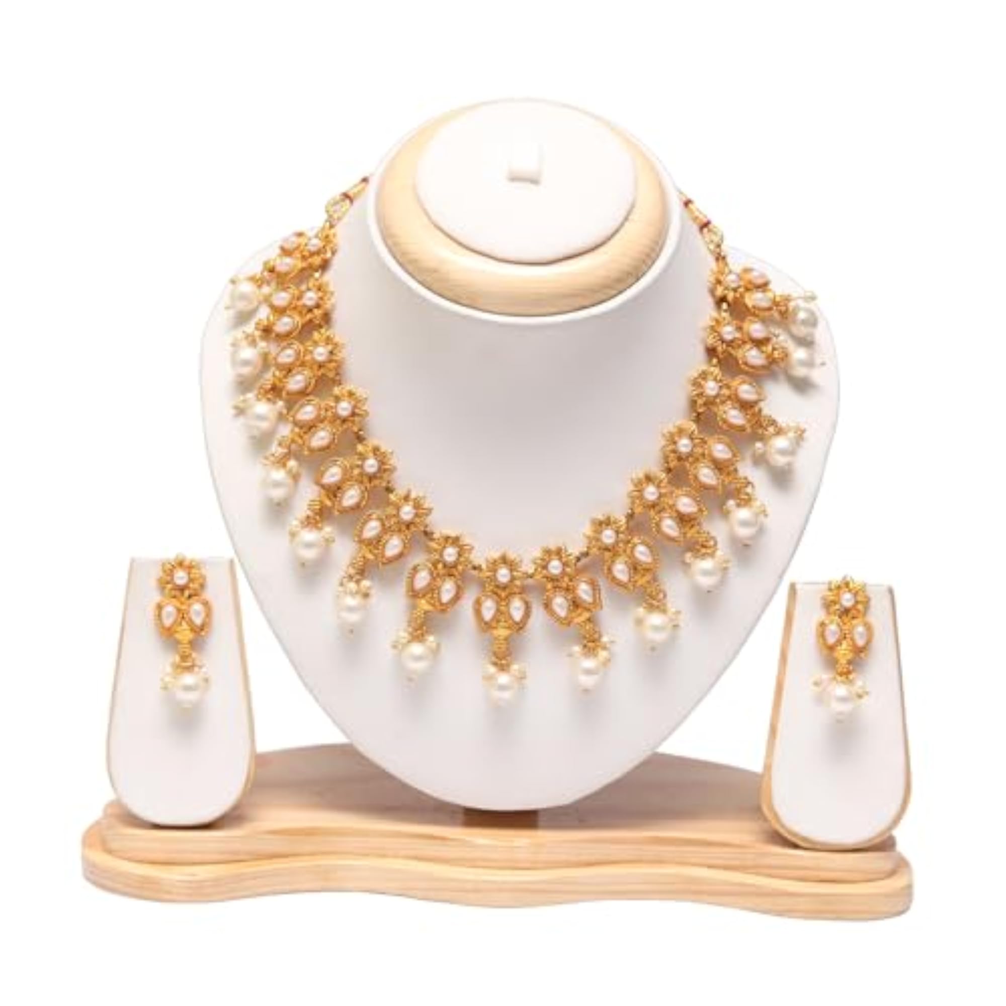Elegant Gold-Plated White Stone Necklace Set with Pearl Drops