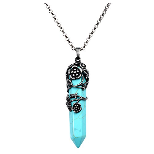 JSDDE Vintage Flower Wrapped Synthetic Turquoise Healing Crystal Pendant Necklace