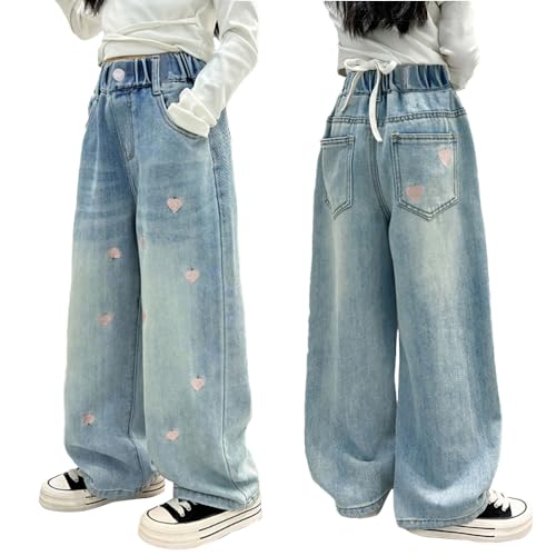 Girls' High Waist Wide Leg Jeans, Loose Denim Pants with Heart Embroidery - 4 Pockets Fashion Trousers for Girls