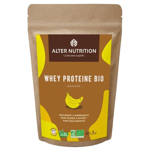 ALTER NUTRITION - Whey Protéine Bio - Banane - Prise De Masse - Récupération - BCAA - Lait De Vache Bio - Sans Sucres Ajoutés - Fabriqué En France - 18g De Protéines Par Scoop - Sachet De 500g