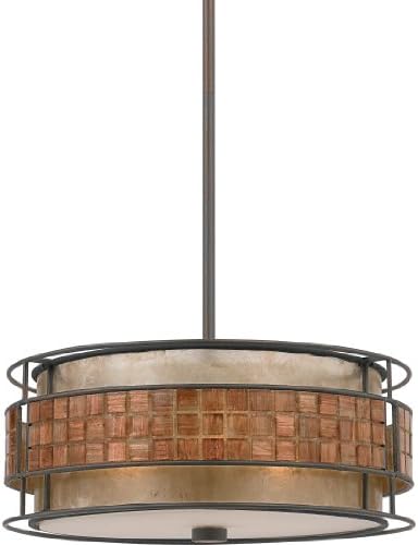 Quoizel Laguna 3-Light Renaissance Copper Pendant Light with Oyster Mica Shade, Floating Mosaic Tile Stripe Ceiling Light, Bohemian Style Hanging Light
